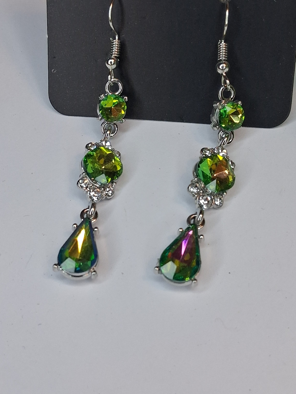Green Aurora Teardrop Dangle Earrings with Silver Accents